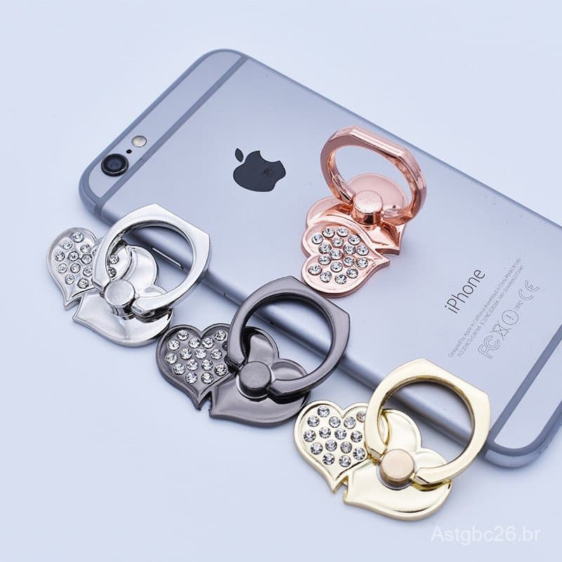 Suporte de anel de metal em forma de coração duplo com incrustações de diamante, suporte de telefone com incrustações de