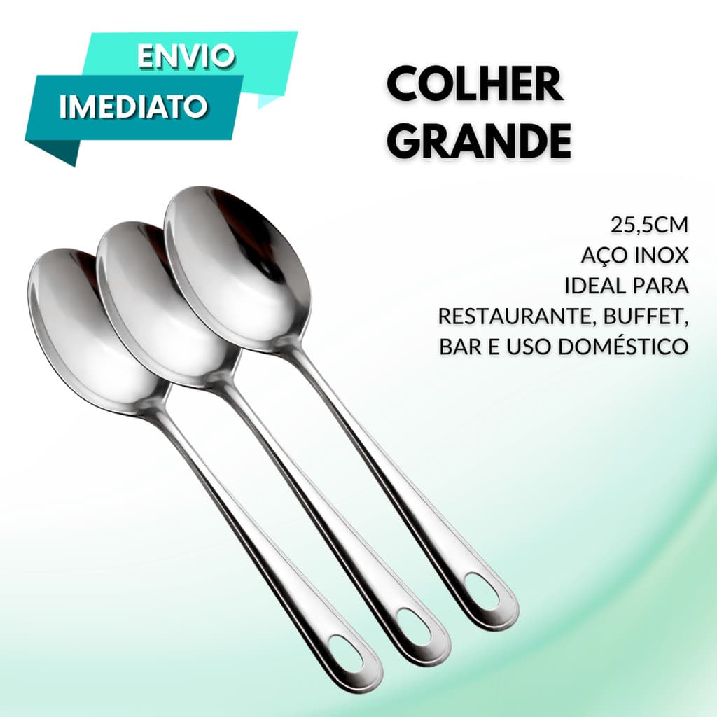 Colher de Arroz Inox 25,5cm Durável Prática Para Cozinha Bar Restaurante Self Service Buffet Alto Giro Kit Econômico