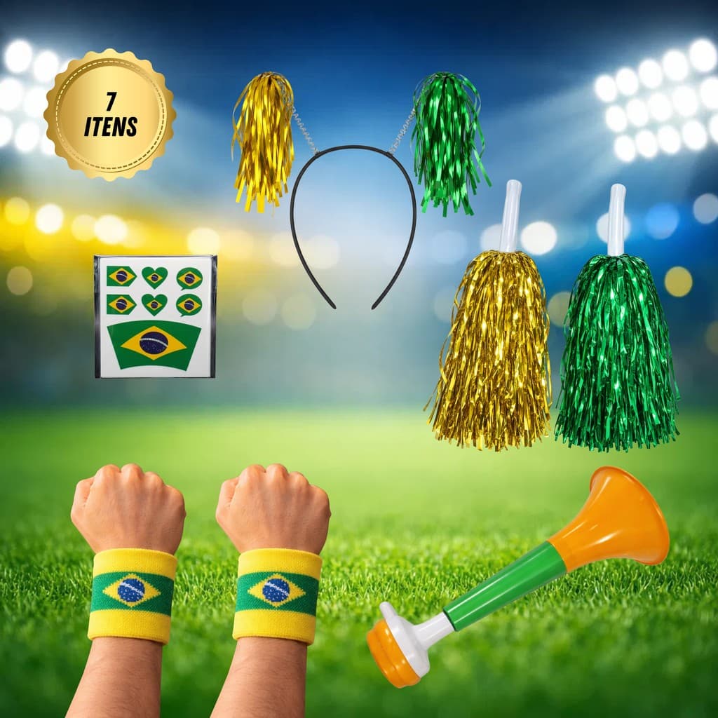 Kit Torcedora Cheerleader Fantasia Brasil Pompom Metalizado Líder de Torcida Apresentação Escola Patriota