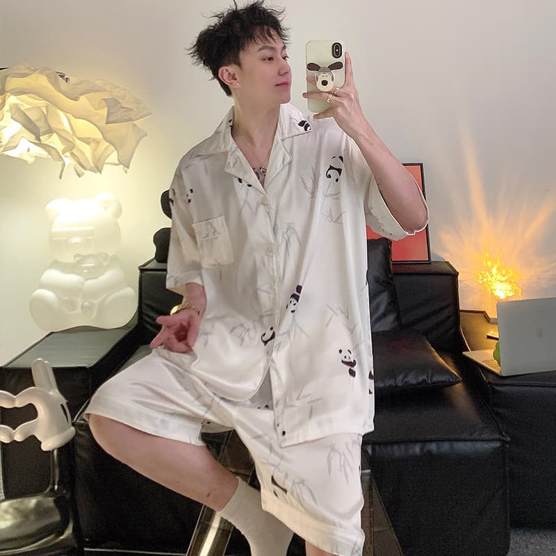 Pijamas Masculinos Plus Size , De Seda Gelada , Shorts De Manga Curta , Roupa De Casa , Loungewear A