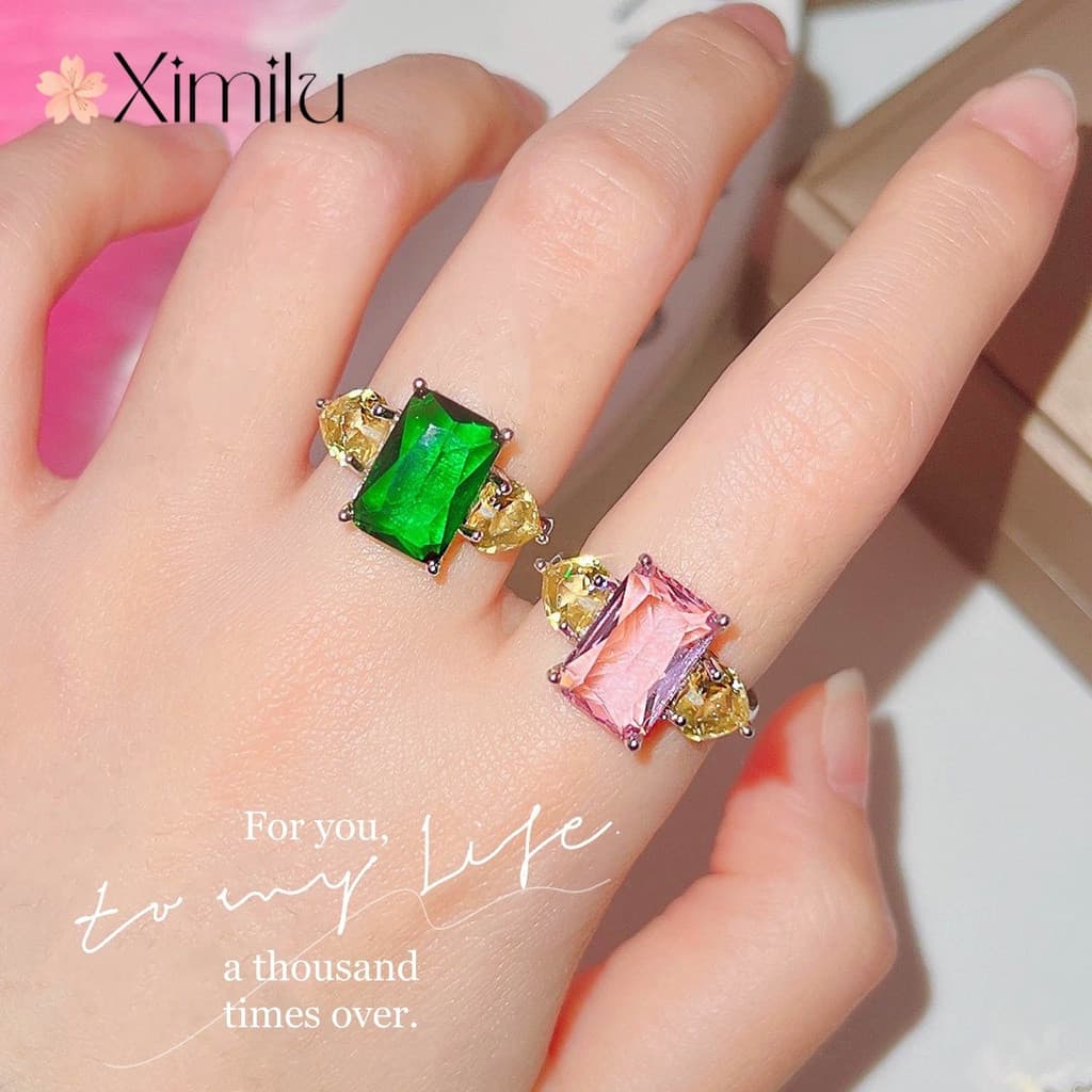 ♥ Original multicolorido Gem princesa quadrado rosa cristal safira anel feminino verde elegante jóias