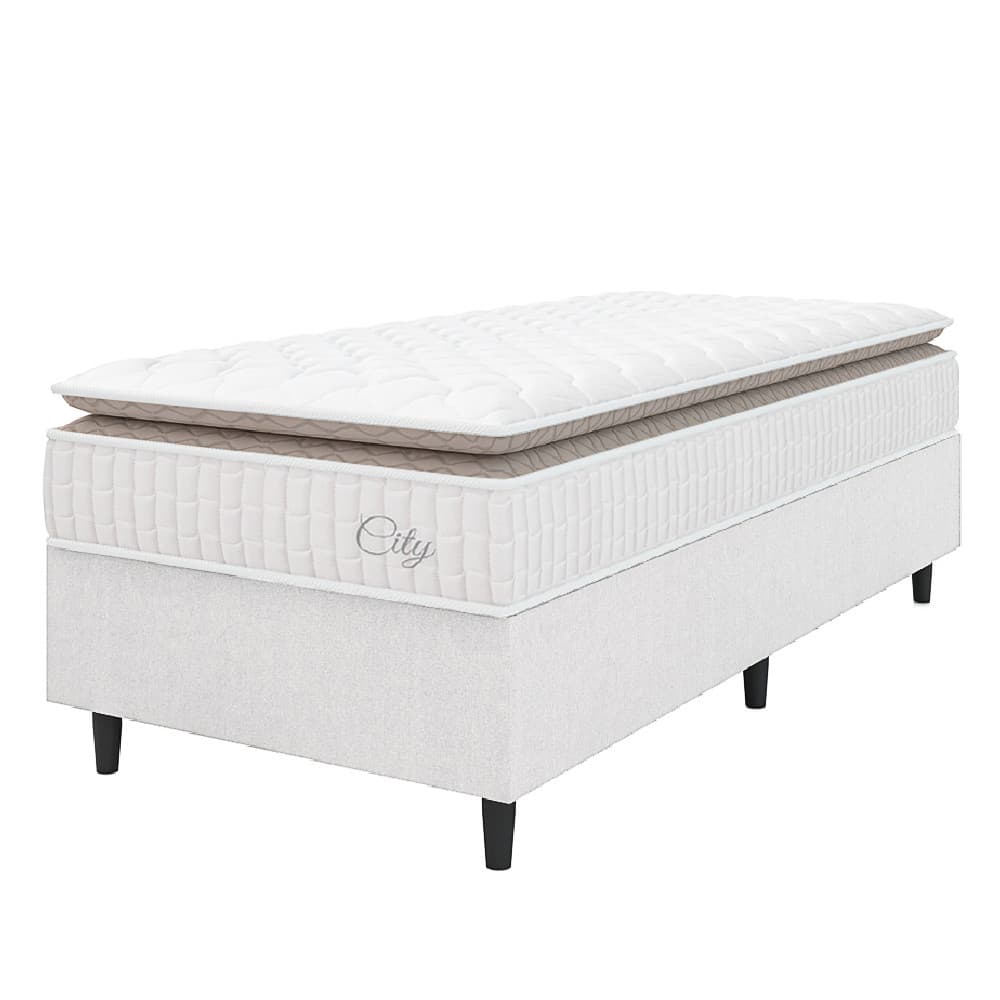 Cama Box Colchão Solteiro Molas Ensacadas City Pillow Top 88x188x61cm Branco / Bege Hellen