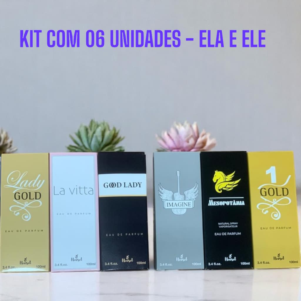 PERFUME FEMININO E MASCULINO, ELE E ELA KIT COM 06 UNIDADES