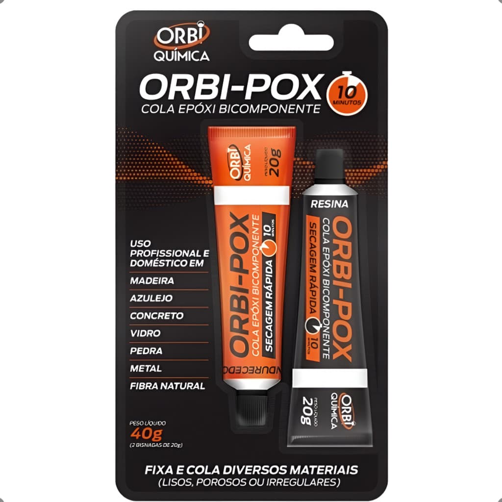 Cola Epóxi Bicomponente Orbi-Pox 10 Minutos 40g Orbi Química Adesivo Metal Vidro Madeira