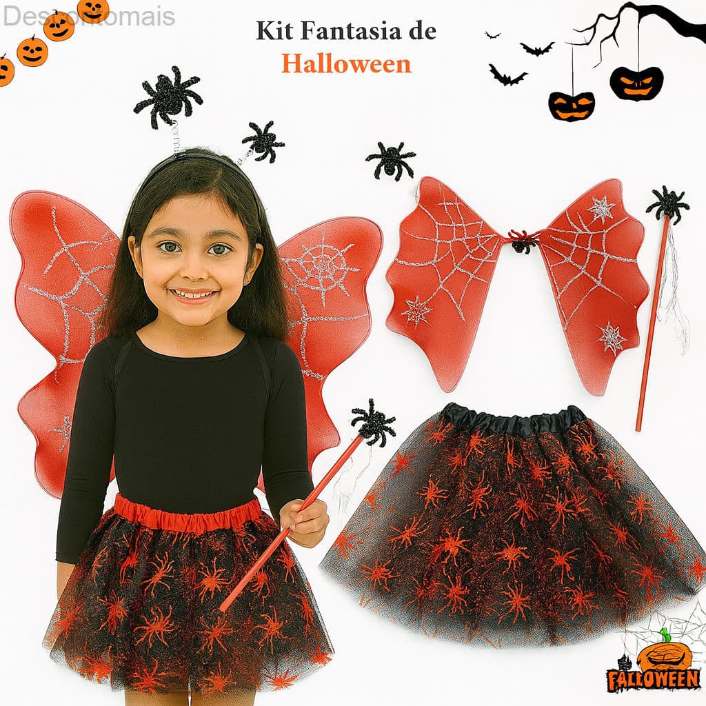 (V)Fantasia Infantil Halloween Aranha Vermelha com Asas e Varinha – Saia 30cm9TAW