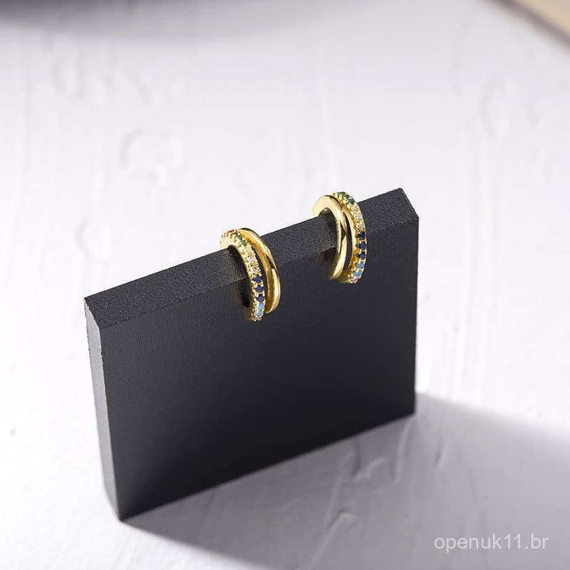 Brincos de prata pura s925 com zircônia colorida em dupla linha, elegantes brincos de prata em formato de semicírculo em