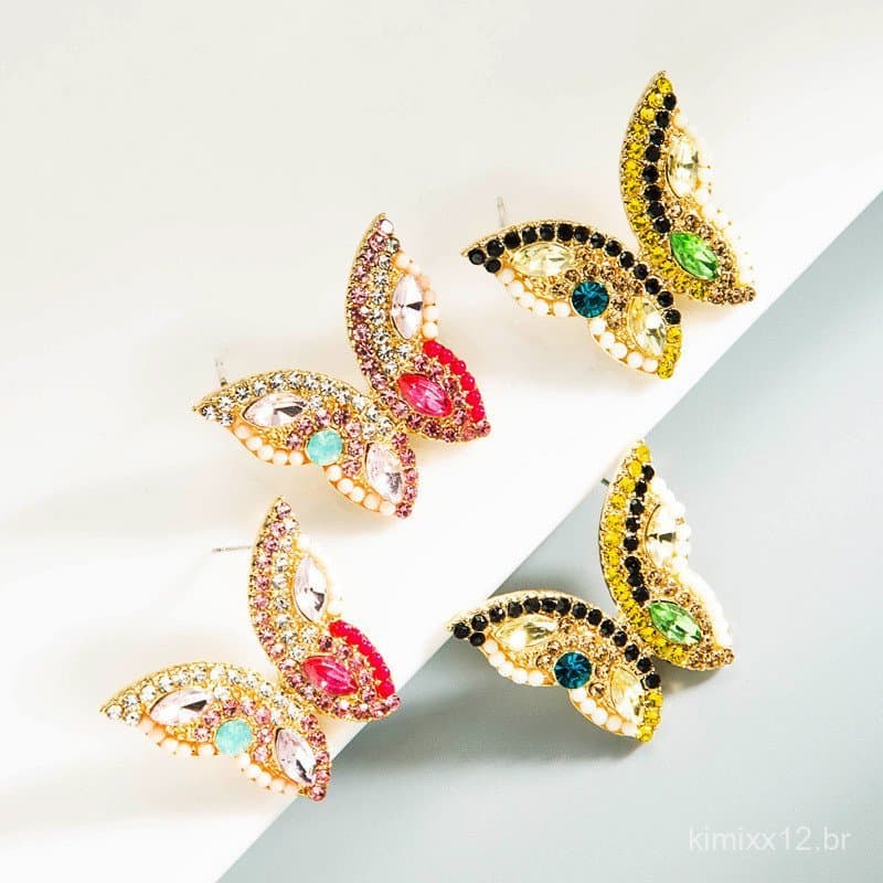 Brincos de borboleta tridimensionais estilo coreano em prata S925 com strass coloridos, super delicados e elegantes, mod