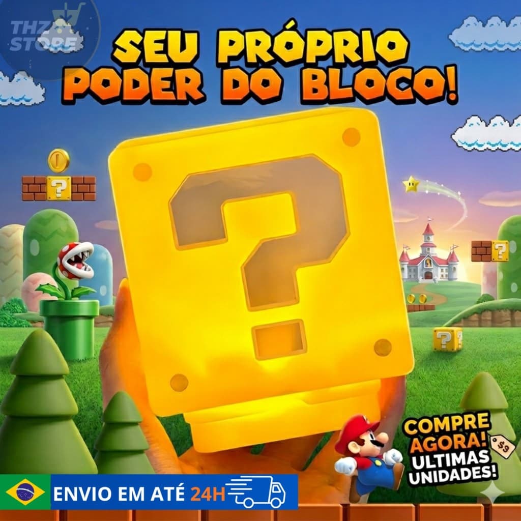Abajur de Cabeceira Luminária Para Quarto Super Mario Bros Sem Fio Com Som Cubo Super Mario Bloco Decoração Gamer Geek