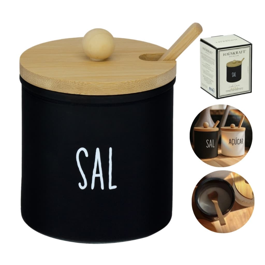 Açucareiro Saleiro Doha 300ml Branco Preto Com Tampa e Colher de Bambu
