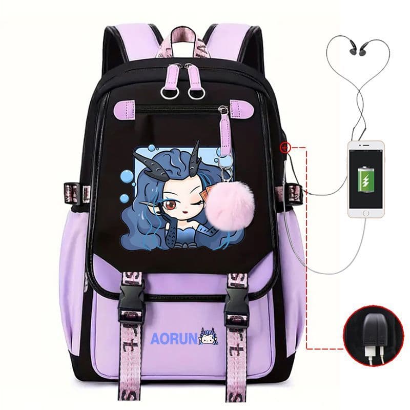 Mochila De Carregamento USB Nezha 2 Ao Bing Ice Princess , Bolsa Escolar De Nylon Kawaii Anime Com Porta , Para Laptop D