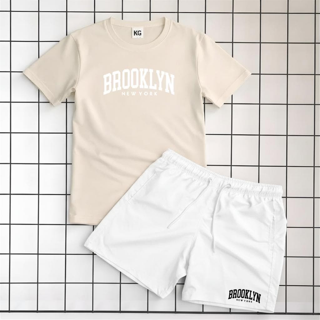 Conjunto Brooklyn New York Bco Bermuda Tactel Branca + Camiseta Masculina Casual Streetwear