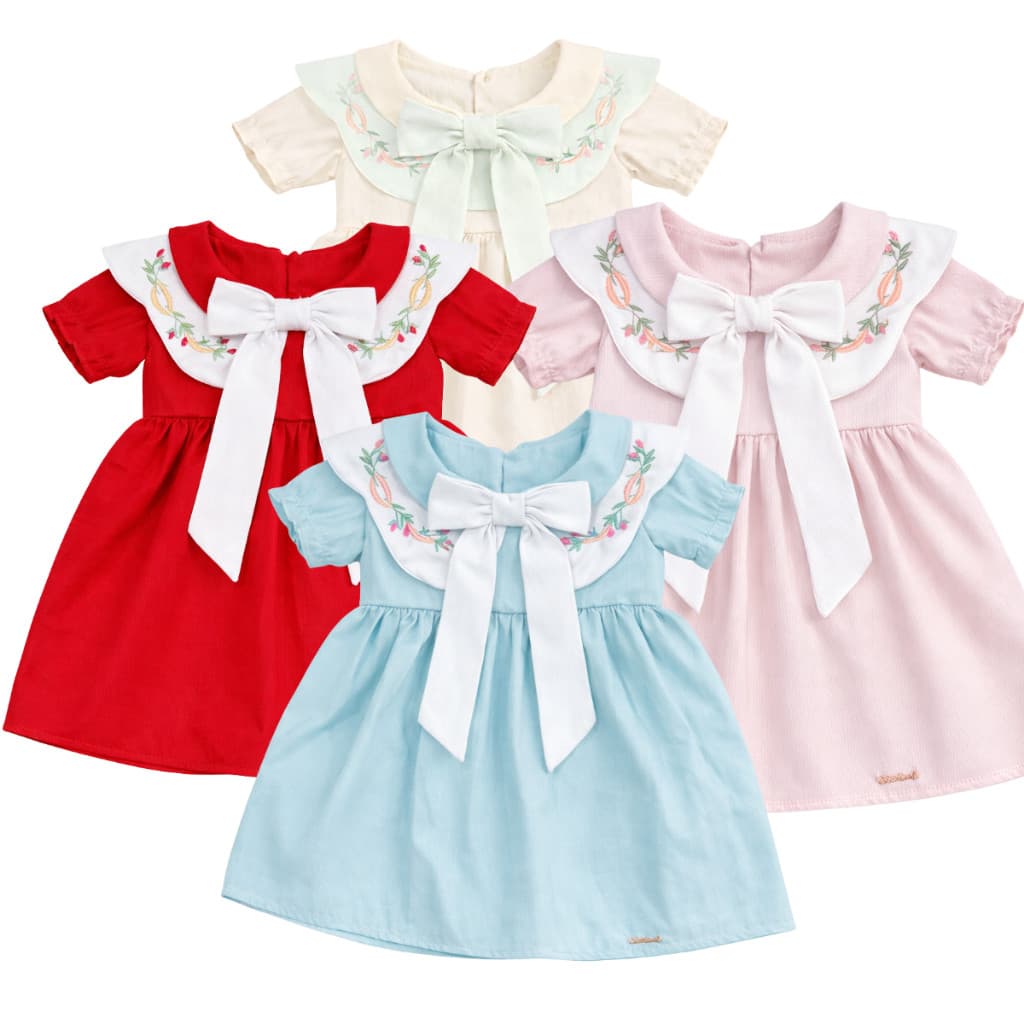 Vestido Infantil Bebê Manga Com Bico Laço Frontal Grande e Gola Bordada Delicado Vestido Para Bebes