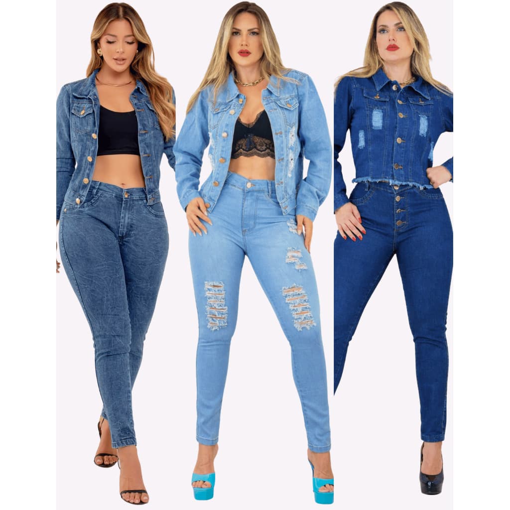 Conjunto Feminina Jaqueta Calças Coloridas Novo Cintura Alta Feminino Com Modela Corpo e Calça Jeans