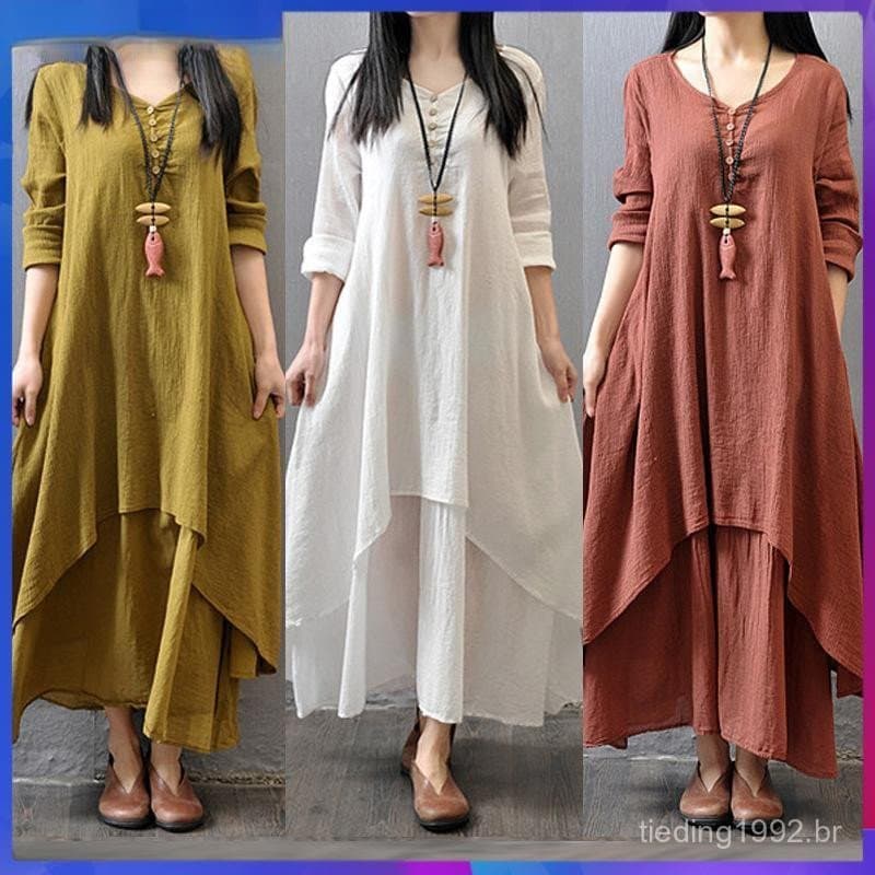 Vestido Muçulmano De Manga Longa Para Moda Feminina Jubah Elegant Cotton Linen Preto Branco Amarelo Vermelho 026