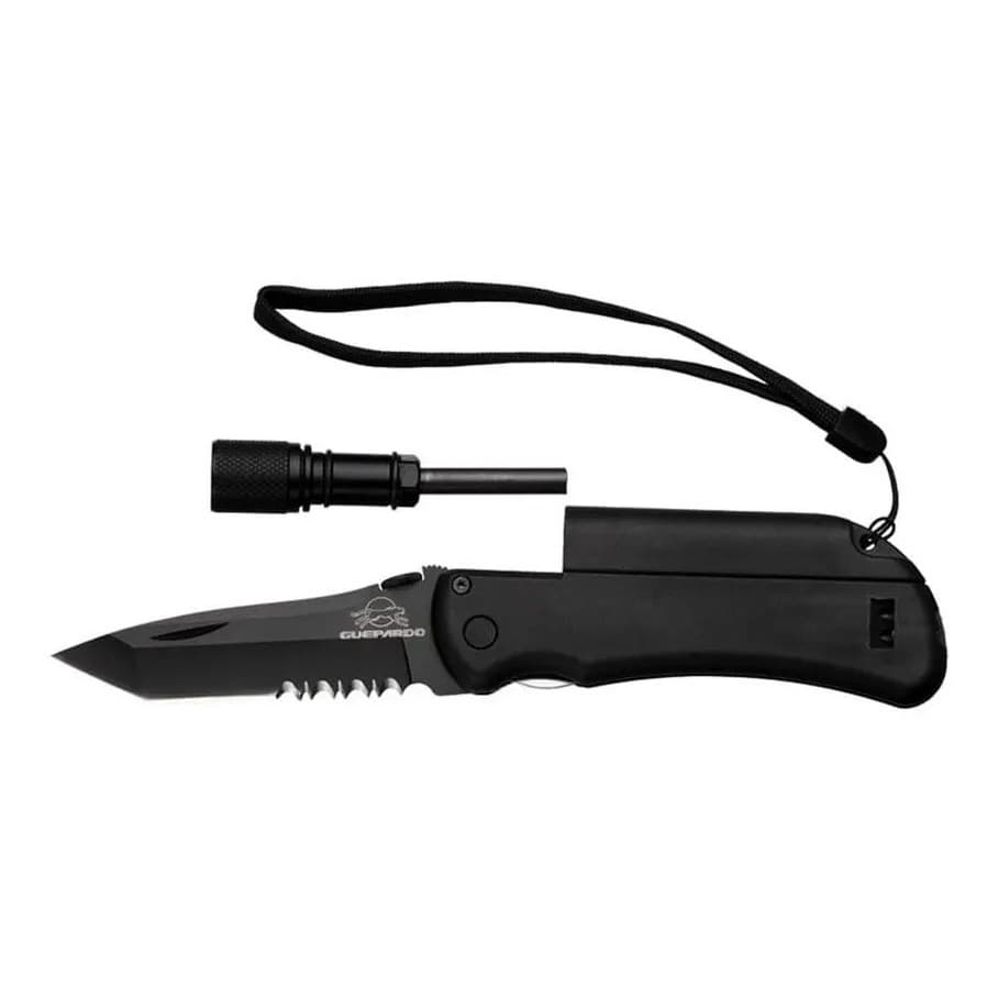 CANIVETE TÁTICO SURVIVAL GUEPARDO COM PEDERNEIRA LANTERNA LED E APITO AÇO INOX 440 MULTIFUNÇÃO