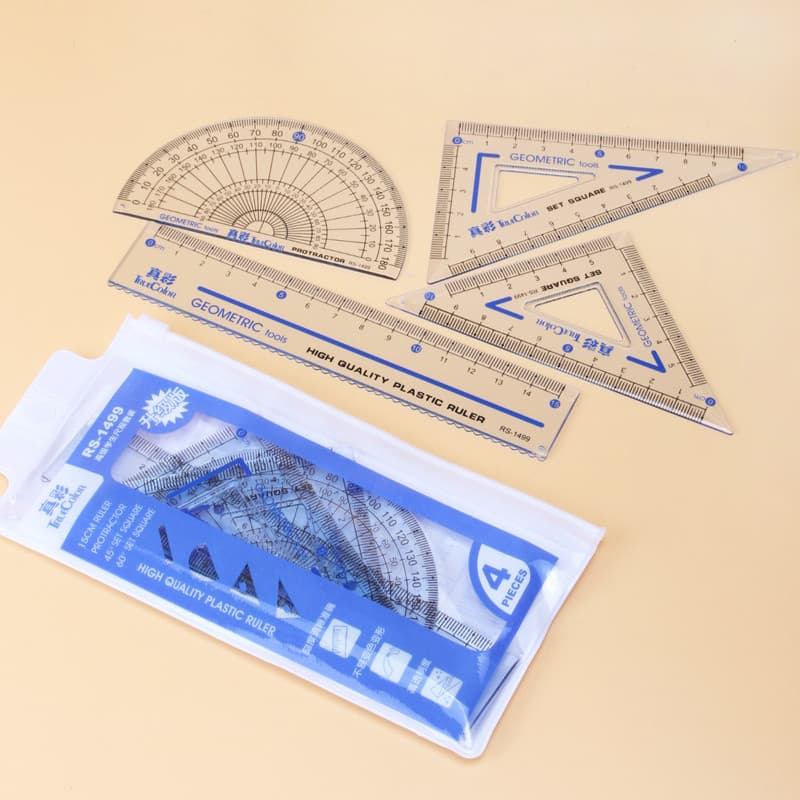 Régua de cor Real conjunto de 4 peças placa triangular transferidor 15cm régua estudante ferramenta de medição transpare