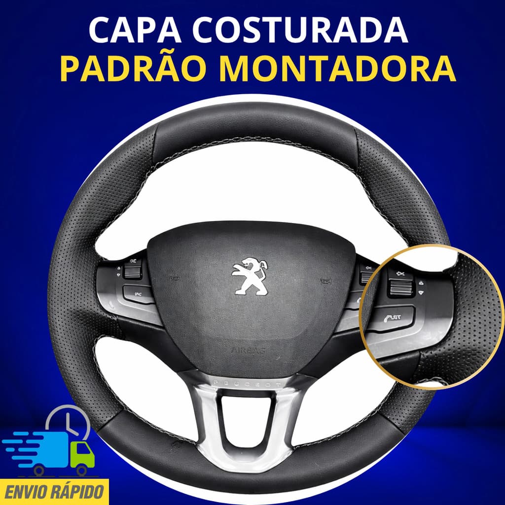 Capa de Volante Costurada Peugeot 208 Kit Completo Preta