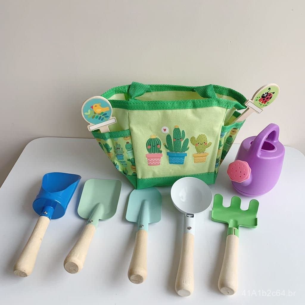 Conjunto de nove peças de brinquedos de praia para crianças, incluindo pá de madeira para escavar areia, com sementes de
