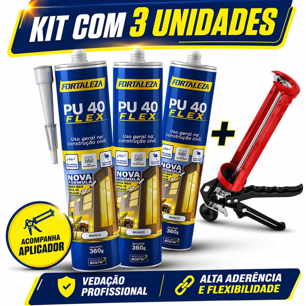 Kit  3 Cola PU40 +1  Aplicador Reforçado Branco Cinza Preto Pedras Vidros Metais Placas 3D Madeira