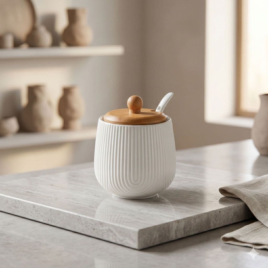 Açucareiro com Colher Hauskraft 300ml — Cerâmica e Bambu Natural, Estilo Elegante (ENVIO IMEDIATO)