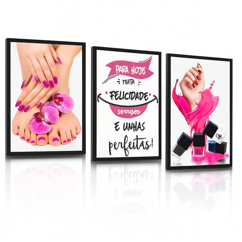 quadros decorativos Salão Manicure Pedicure unhas esmalte cor de rosa Grande 120x60 3 Peças