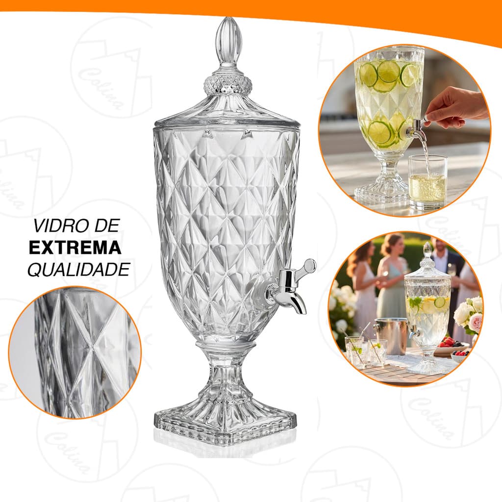 Suqueira De Vidro Diamond Torneira Luxo 5/3/2 Litros Mesa Posta Decorativa Sucos Chás