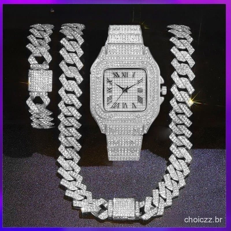 Relógio masculino Corrente ice Hip Hop Diamante ice cravejado Colar masculino relógio Com Pulseira Jóias Para
