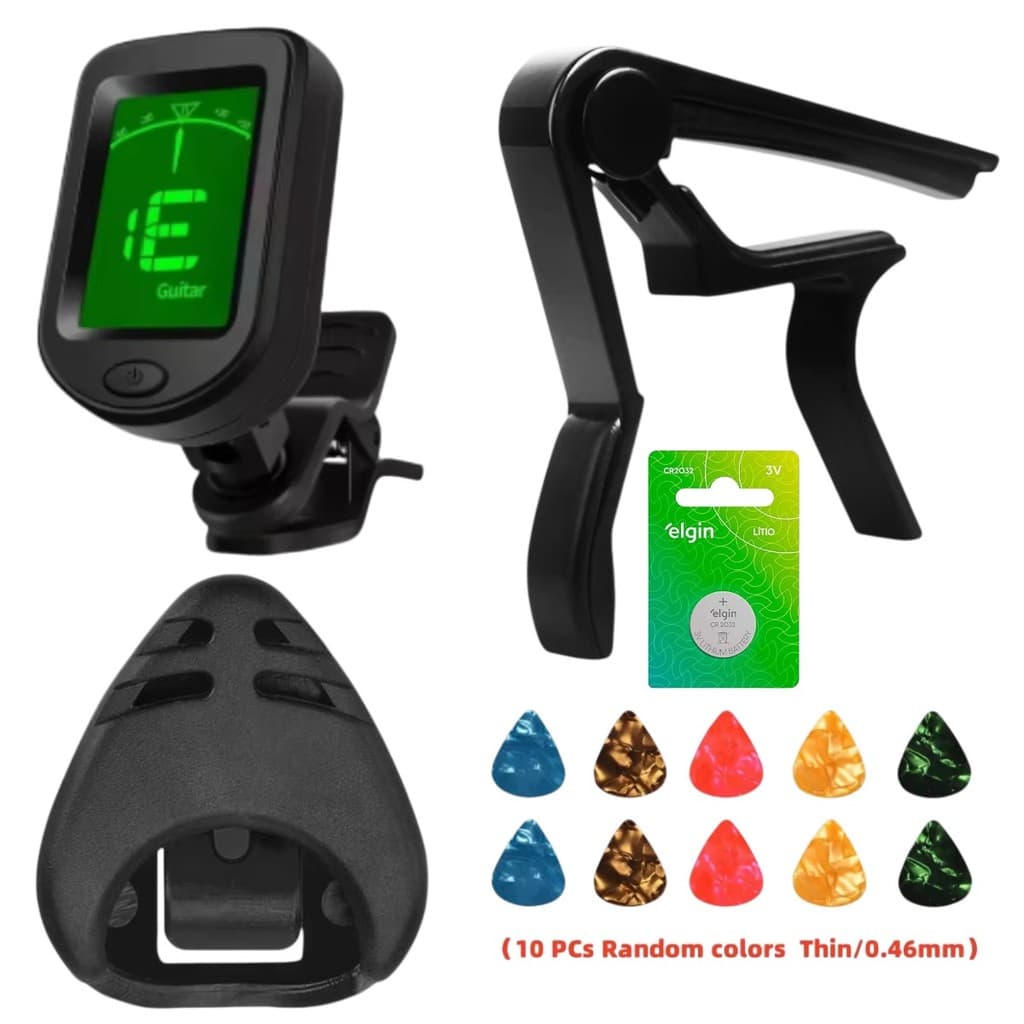 Kit Afinador Digital Capotraste Porta Palhetas 10 Palhetas Bateria - Violão Guitarra Baixo Ukulele