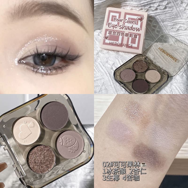 HERORANGE Paleta de sombras mistas de quatro cores, iluminador fosco perolado, iluminador, lantejoulas, cor terra, maqui