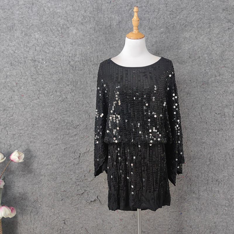 Espumante manga morcego lantejoulas vestido Retro estilo curto passeio diário mais magro olhar festa boate All-Match ves