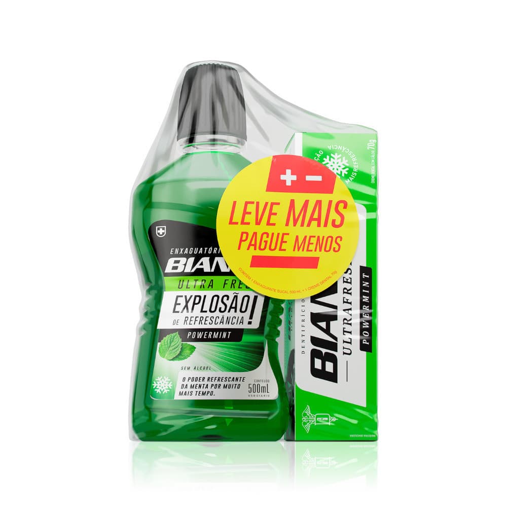 Combo Enxaguante Bucal sem Álcool 500ml  + Creme Dental 70g Menta Bianco Powemint
