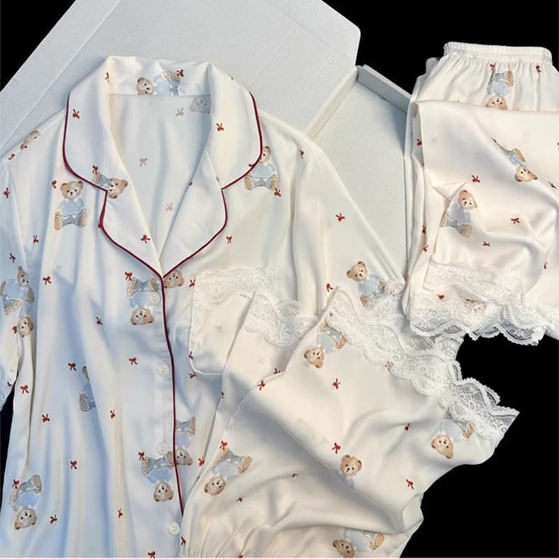 Conjunto 3 Em 1 Pijama Feminino Ursinho Estampado Verão Seda Gelo Manga Curta