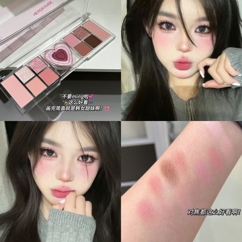 HERORANGE ~ Sombra de doze cores com movimento de coração perolado brilhante Super piscante Blush fosco destacando palet
