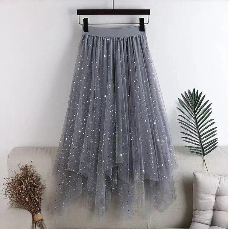 Qooth Fada Estrela Lantejoulas Malha Tutu Saia Elástica Brilhante Cintura Longa Linha A Tule QT2298