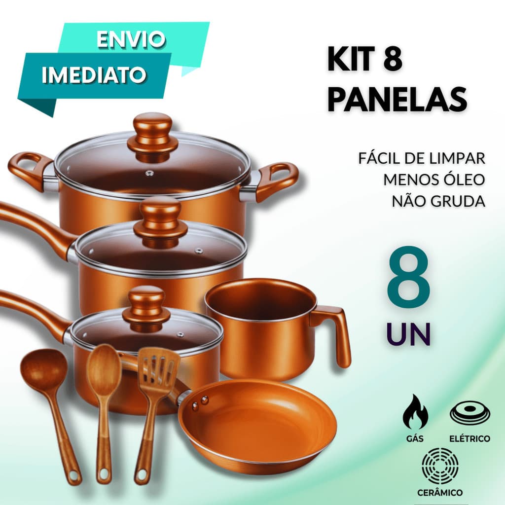 Kit Panelas Revestimento Cerâmico 8 Peças Caçarola 20 Panela 16 18 Frigideira Utensílios