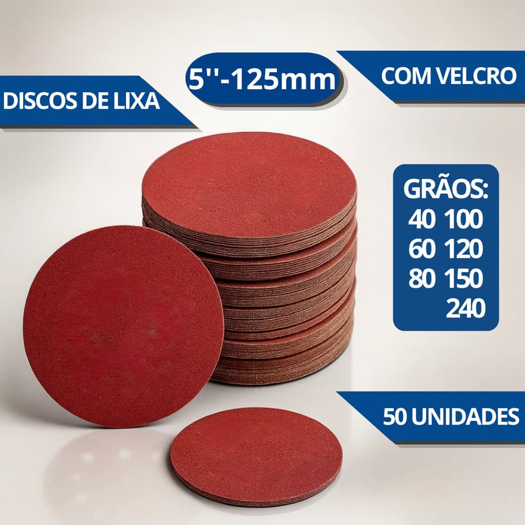 Kit 50 Disco de Lixa C/Velcro para Lixadeiras Roto Orbital Lixa para Madeira, Ferro, Massas e Metal