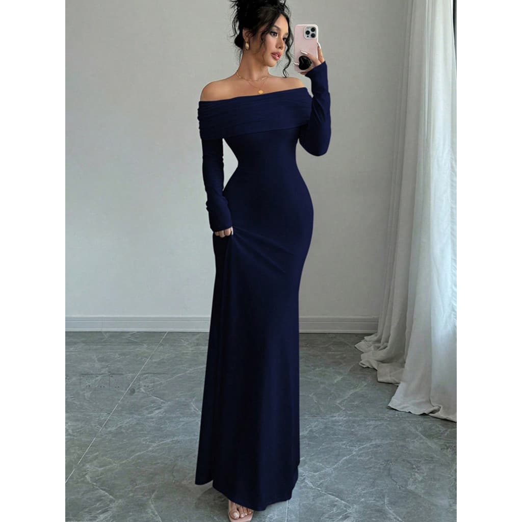 Vestido elástico feminino com ombros de fora e quatro lados, saia longa Skinny de um ombro