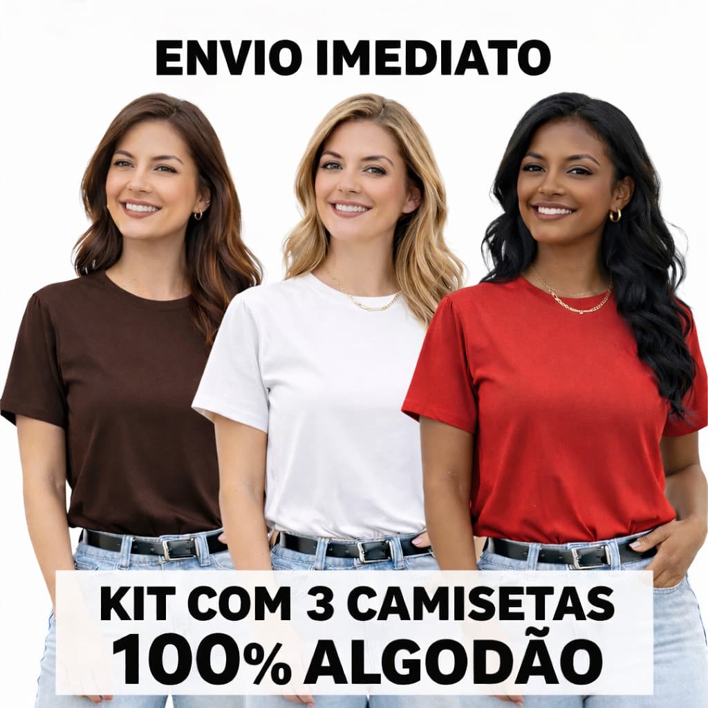 Kit 3 Camisetas Femininas TSHIRTS Básicas Lisa 100% Algodão Premium Dia a Dia