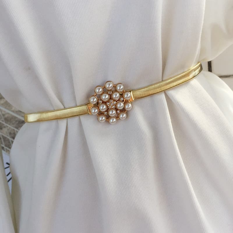 Cinto fino elástico suéter feminino pérola dourada cintura corrente vestido decorativo simples All-Match cinto de saia d