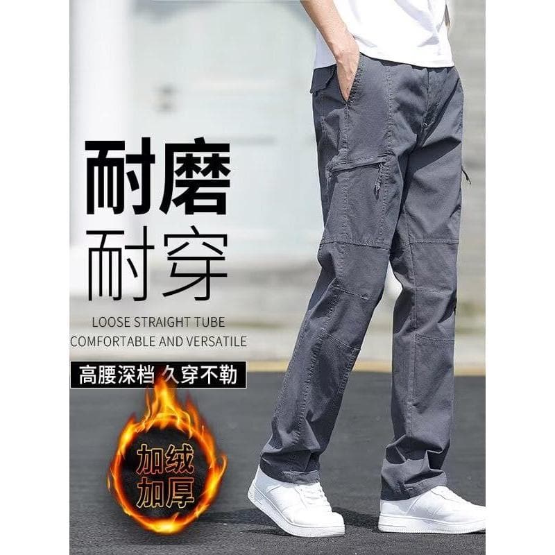 Macacão reto masculino outono inverno forro de lã Multi-bolso calças casuais americanas masculino resistente ao desgaste