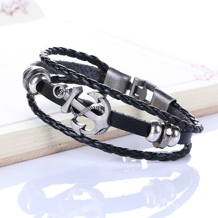 Pulseira de Couro com Âncora de Liga, Joia de Mão Popular de Comércio Exterior, Mais Vendida no Atacado, Textura Requint