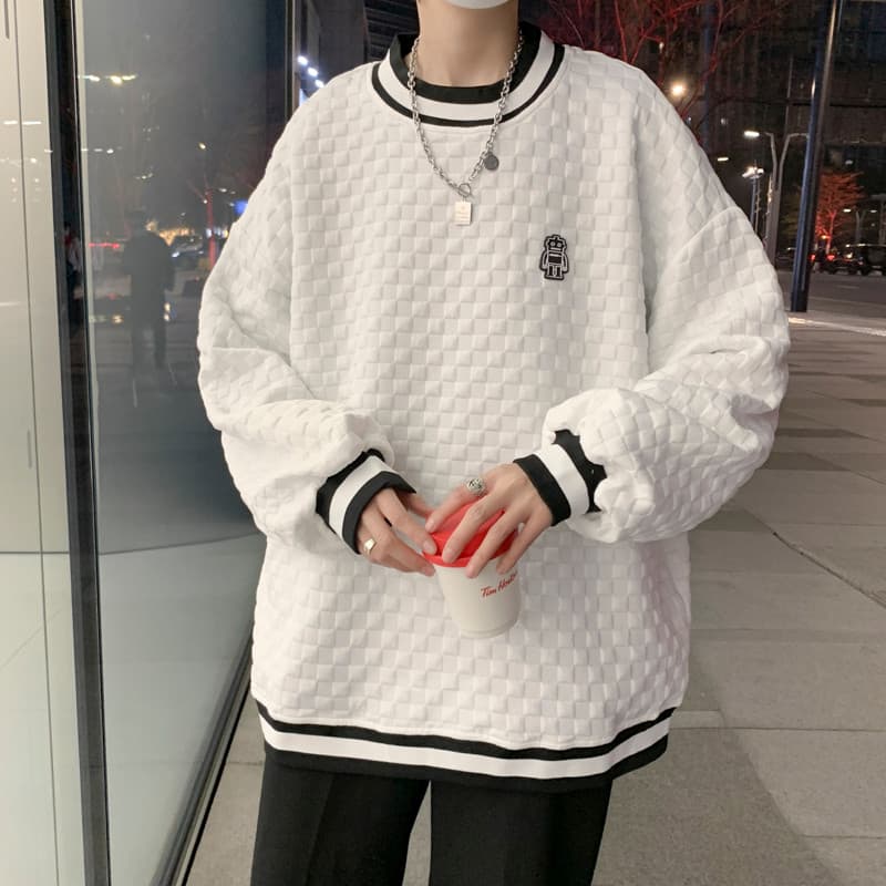 Vibração pesada americana Waffle manga comprida camiseta masculina primavera outono High-End nicho camisa de fundo pulôv