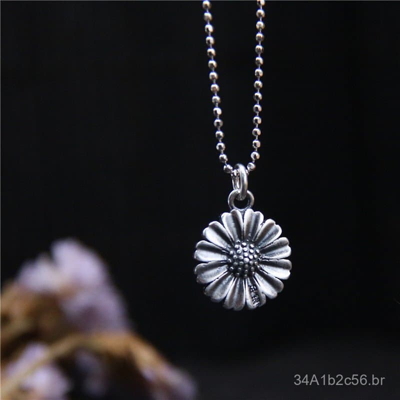 Colar vintage de prata tailandesa com margarida pequena, 99% prata pura, para mulheres, estilo japonês e coreano, pingen