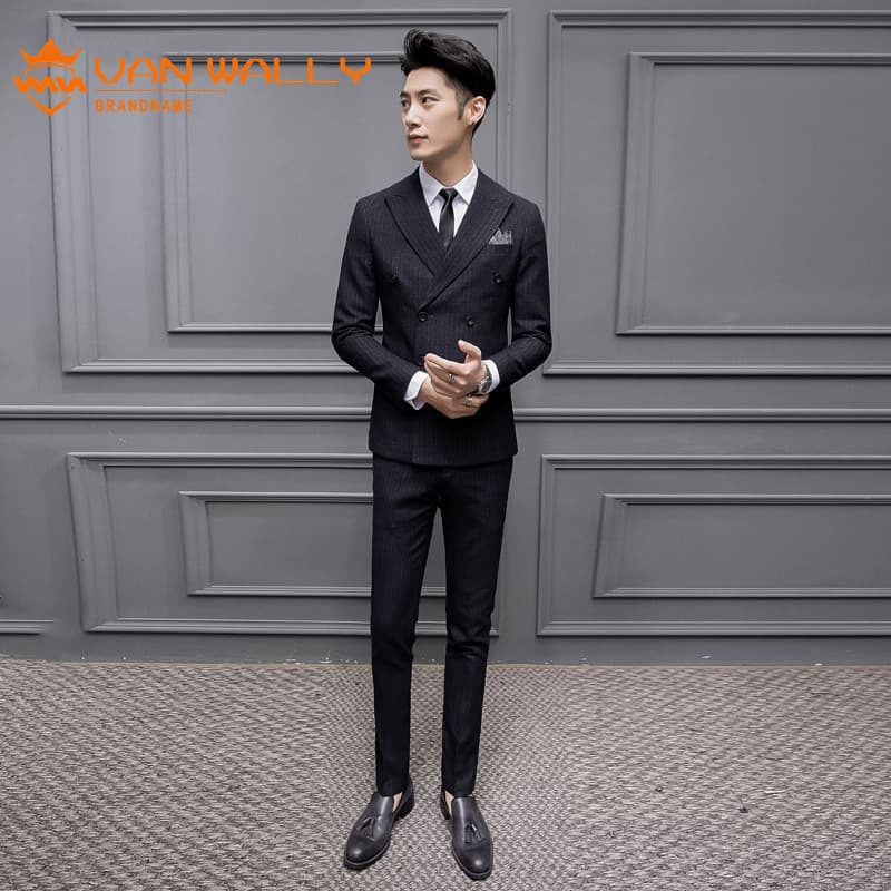 Terno masculino de três peças versão coreana magro-ajuste listrado duplo Breasted terno profissional Formal Wear noivo v