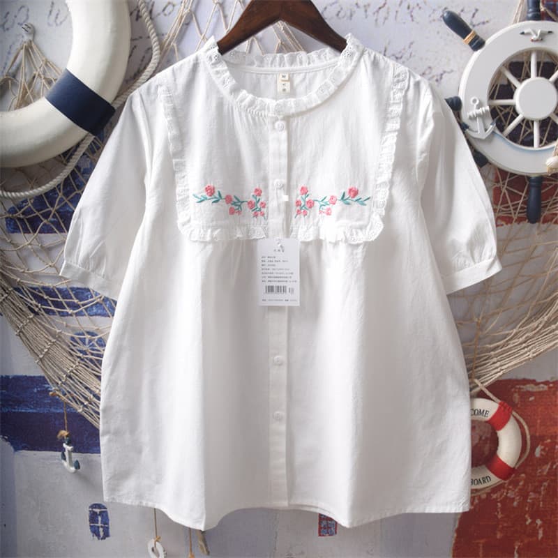 Novo produto japonês doce em torno do pescoço bordado solto camisa de manga curta feminino camisa do bebê topo