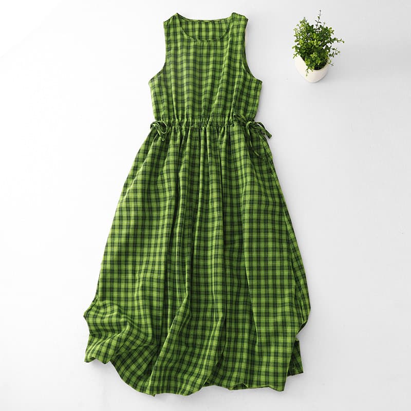 Real tiro algodão linho verde xadrez branco fresco sem mangas cintura estreita cordão vestido de verão saia literária sa