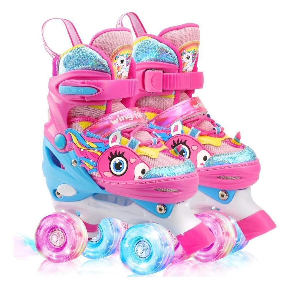 Patins Infantil Ajustavel Com Led Quad Criancas De 4 Rodas Rosa Unicornio Menina Promocao
