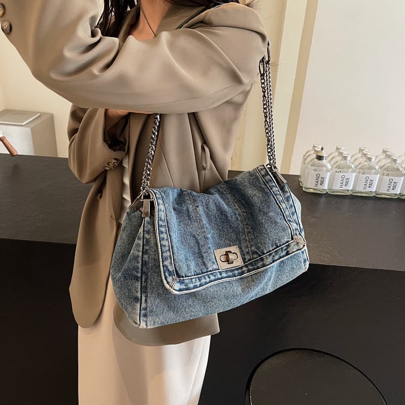 [Estoque pronto] Bolsa jeans feminina 2025 verão novo estilo moda bolsa de corrente grande capacidade bolsa mensageiro d