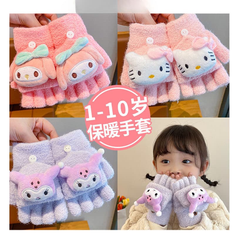 Luvas de inverno adequadas para meninas, Kuromi 3D, fofas e quentes com forro de pelúcia, capa dobrável de meio dedo, pa