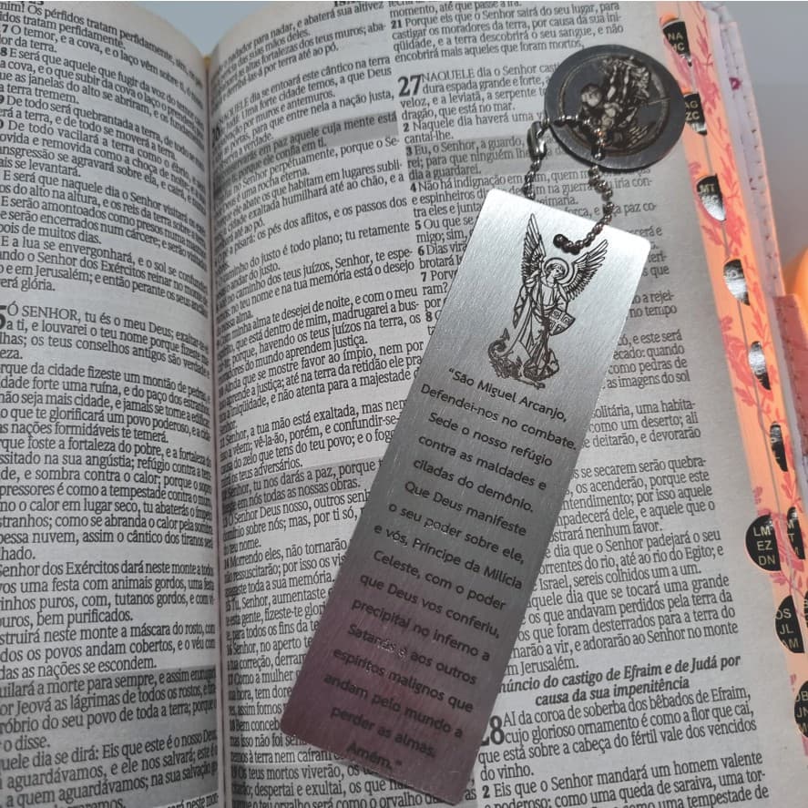 Kit 5 Marca-página São Miguel Arcanjo em Inox com Oração de Proteção Devoção Presente Fé Católico